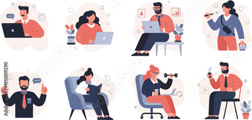 Diverse people engaged in work, fitness, and leisure activities at home