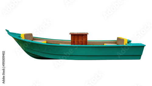 Фотография Isolated small green fishing boat or recreational vessel with upholstered seatin