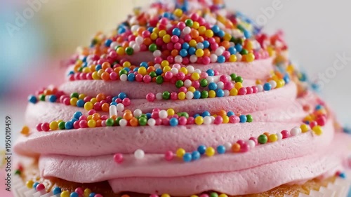 Video of cupcake sprinkles fall in sweet sugar cascade motion, macro dessert detail for bakery branding and festive food backgrounds.