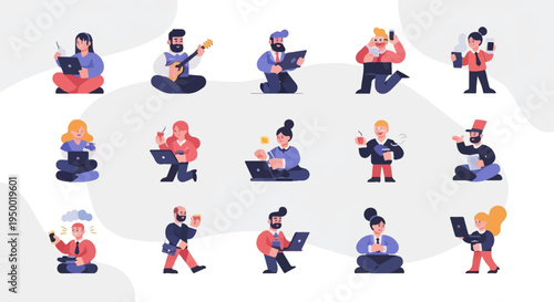 Diverse people work on laptops, play music, and enjoy drinks