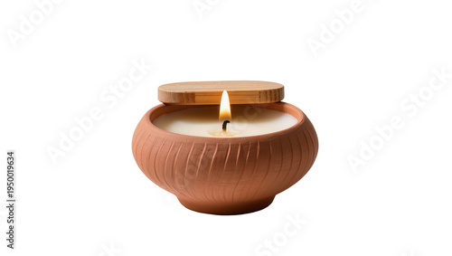 Isolated burning candle in a terracotta pot with a round wooden lid, providing warmth and light