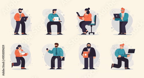 Diverse professionals engage in work activities with digital devices and documents (1)