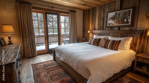 Wallpaper Mural Cozy mountain lodge bedroom with rustic wooden decor large bed and sliding glass doors leading to snowy balcony warm lighting and patterned rug on wooden floor inviting relaxation Torontodigital.ca