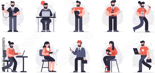 Diverse professionals engaged in various digital tasks and work activities