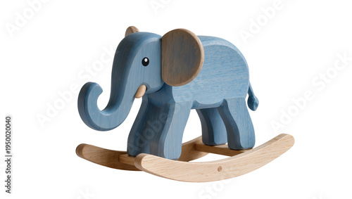 Isolated wooden rocking elephant toy in blue, minimalist child's plaything, studio shot