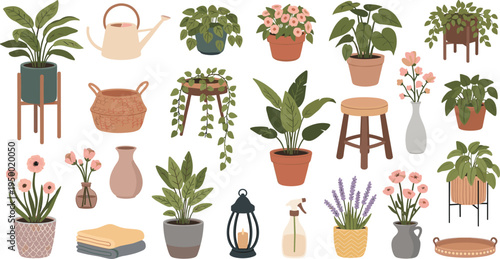 Cartoon Indoor Houseplants and Cozy Home Decor Collection with Potted Greenery Flowers Watering Can Stool and Botanical Interior Elements