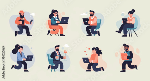 Diverse professionals engaged in various digital tasks, working on laptops and phones