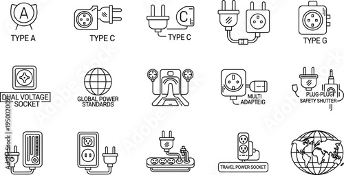 International power plug and socket types line icon set with adapter voltage travel electricity vector illustration