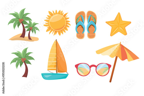 Set of summer holiday stickers, beach, sea, vector graphics