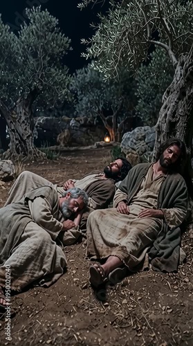 The Sleeping Disciples, Peter, James, and John sleeping in the Garden of Gethsemane, vertical video