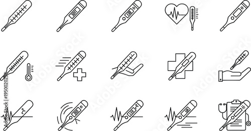 Medical thermometer health temperature measurement line icon set with fever check vector illustration collection