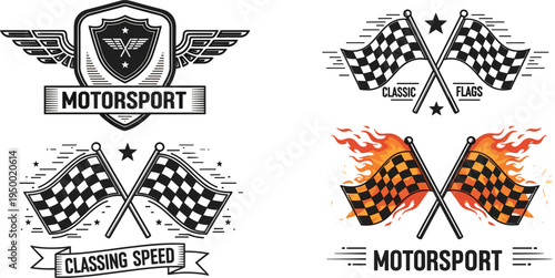 Motorsport racing emblem set with checkered flags shield badge speed competition vector illustration collection design
