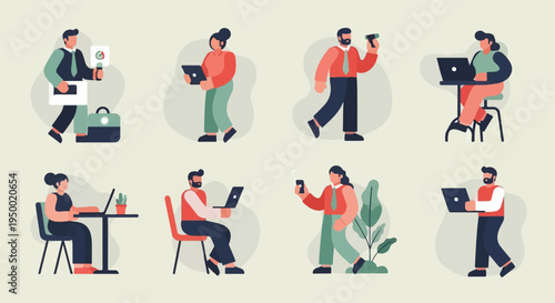 Diverse professionals engaged in various work-related activities with laptops and devices