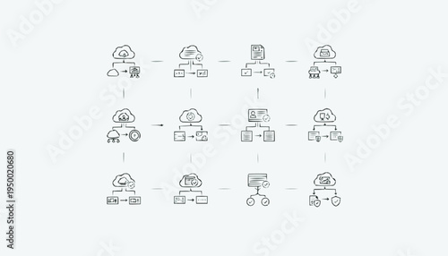 Cloud computing and network infrastructure line icons set.