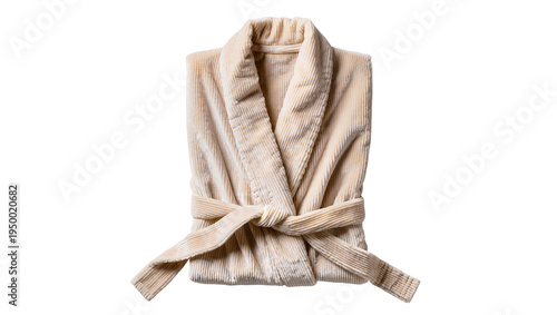 Isolated comfortable beige corduroy bathrobe neatly folded and tied, perfect for relaxation