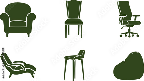 Part of a larger set of furniture icons. This icon represents a more traditional or formal chair. It has a high, straight back and a padded seat. The legs are straight and simple. The color is a muted