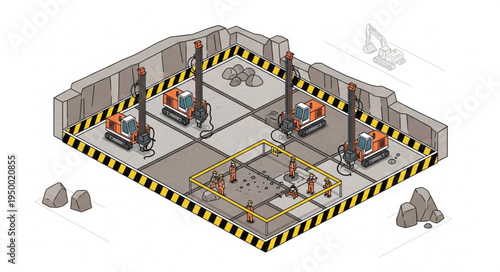 Construction site with drilling machines and safety barriers isometric view.