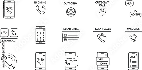 Phone call communication line icon set with incoming outgoing accept reject smartphone contact vector illustration