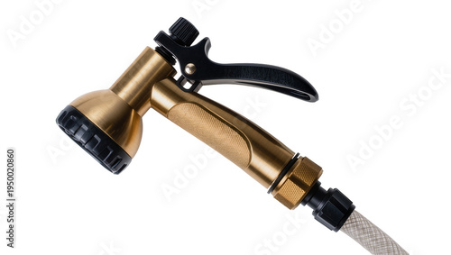 Photos Isolated brass golden garden hose spray nozzle with ergonomic handle for waterin