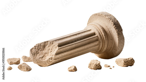 Canvas Print Isolated ancient broken architectural column part and debris representing ruin a