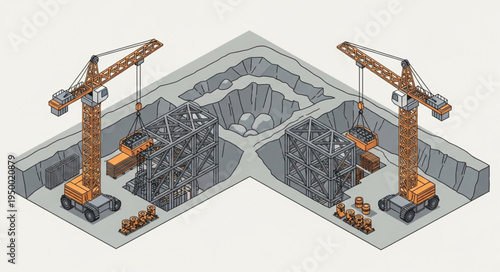 Construction site with cranes and heavy machinery.