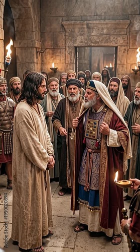 Jesus standing silently before the furious High Priest in the Sanhedrin, vertical video