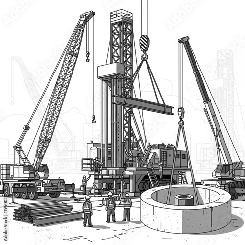 Construction site with drilling rig and cranes lifting heavy equipment.