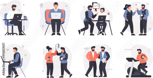 Diverse professionals engaged in work, collaboration, and fitness activities