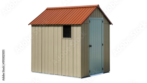 Isolated durable metal garden storage shed with corrugated brown roof and a green door