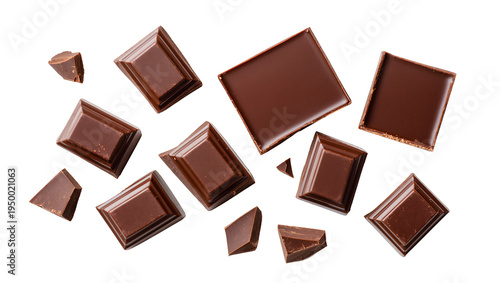 Isolated delicious dark chocolate pieces and chunks, sweet dessert ingredient, gourmet treat