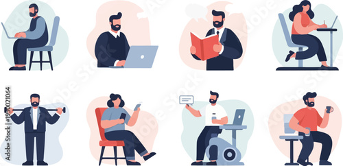 Diverse people engaged in various activities working, reading, exercising, and relaxing (1)