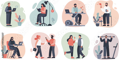 Diverse professionals engaged in work, fitness, and social interactions indoors