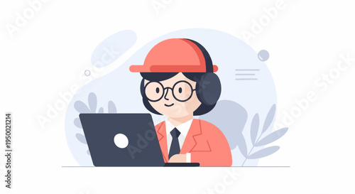 Flat illustration of a person wearing headphones and a hat, working on a laptop