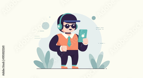 Flat illustration of a person wearing headphones and holding a phone