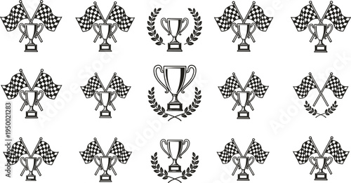 Racing trophy and checkered flag emblem collection with motorsport championship badge vector illustration set design
