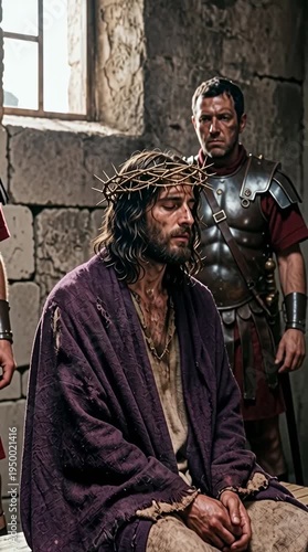 Roman soldiers placing a woven crown of thorns on Jesus head, vertical video