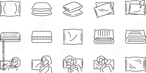 Sleep pillow positions and bedding comfort line icon set with sleeping person vector illustration collection