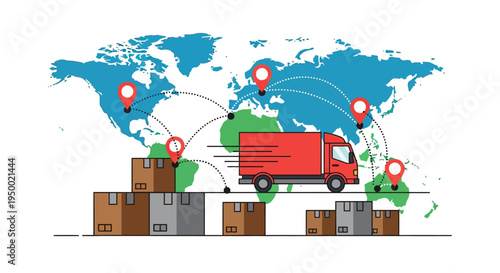 Delivery Logistics Service Courier with Package and Truck Flat Vector Illustration