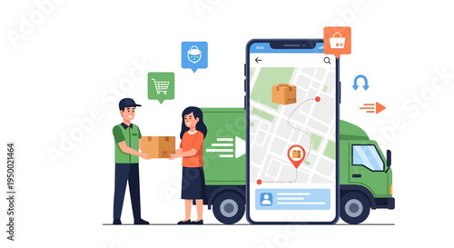 Delivery Logistics Service Courier with Package and Truck Flat Vector Illustration