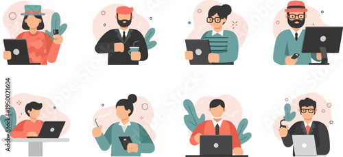 Diverse professionals engaged in work with laptops and tablets