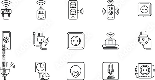 Smart plug and wifi socket technology line icon set with wireless power control vector illustration