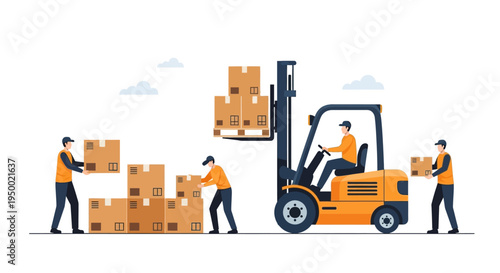 Delivery Logistics Service Courier with Package and Truck Flat Vector Illustration