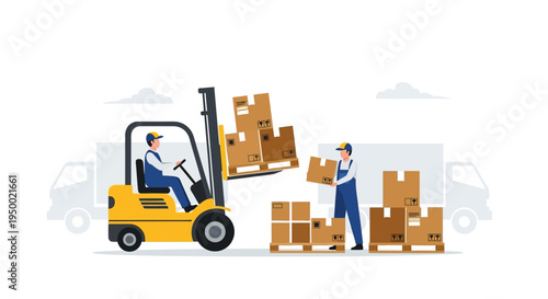 Delivery Logistics Service Courier with Package and Truck Flat Vector Illustration