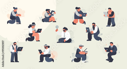 Diverse people in casual and business attire interacting with laptops and tablets