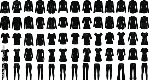 Women clothing silhouettes collection, dresses, jackets, tops and pants set, fashion apparel icons, minimalist wardrobe design illustration pack