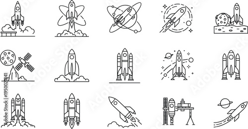 Space rocket launch and satellite exploration line icon set with shuttle planet mission vector illustration collection