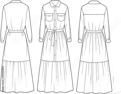 cad drawing flat vector illustration, detailed shirt dress design with front pockets, button-down closure, belt waist, tiered skirt, fashion technical sketch