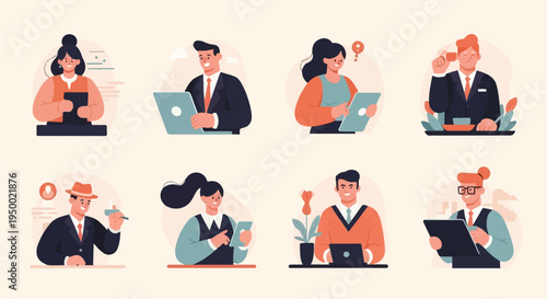 Diverse professionals in modern office attire using digital devices and engaging in work