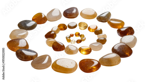 Foto Isolated spiral arrangement of various polished amber and brown colored natural tumbled stones