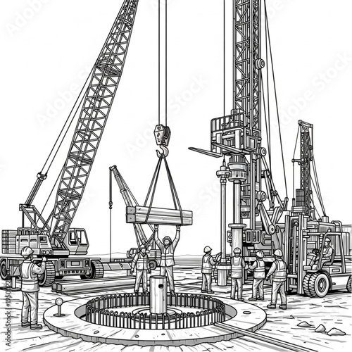 Construction site with heavy machinery and workers.